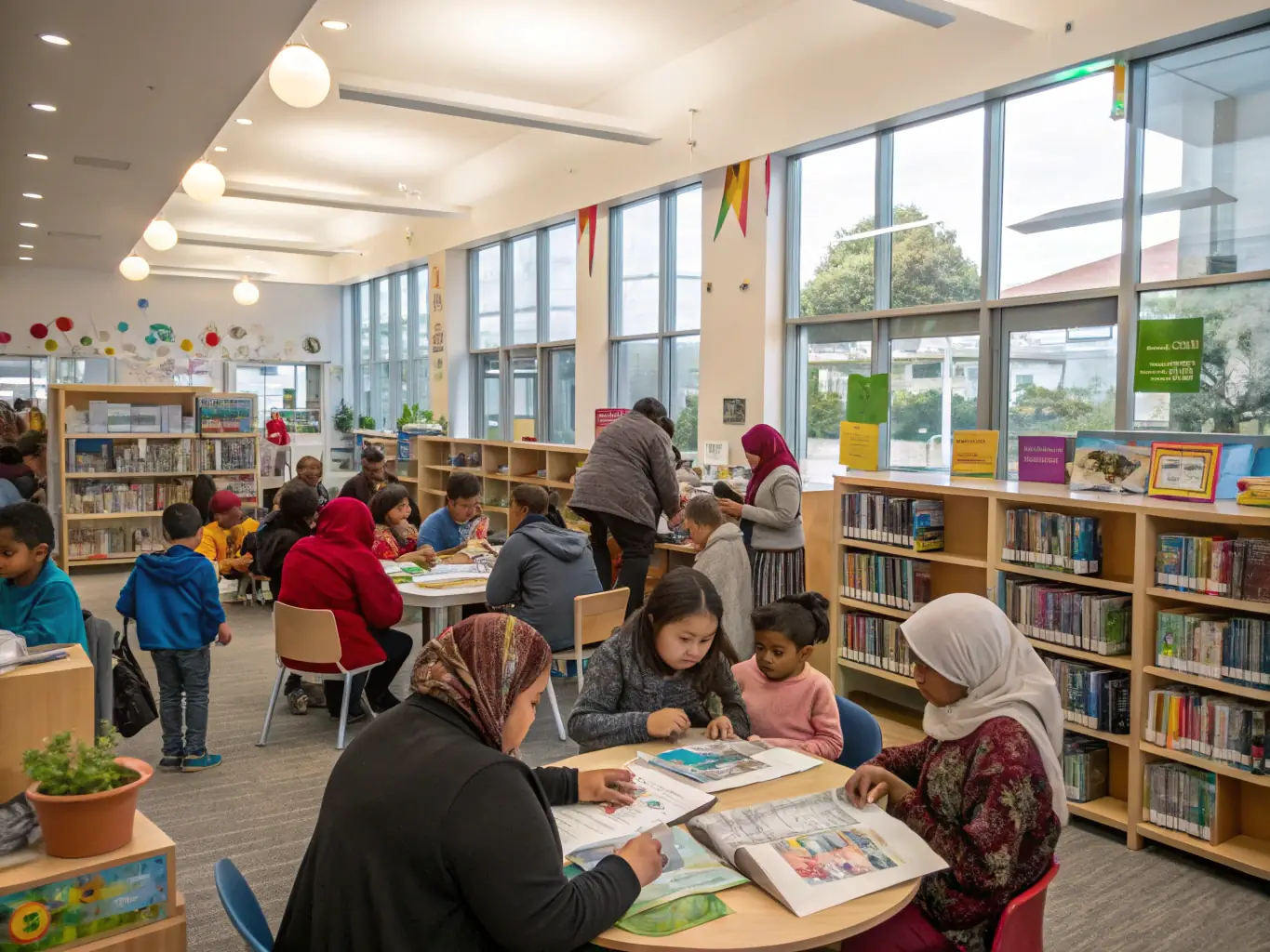 A community event at ASSOCIATION where people are exchanging books and discussing their favorite reads, promoting literacy and social interaction.