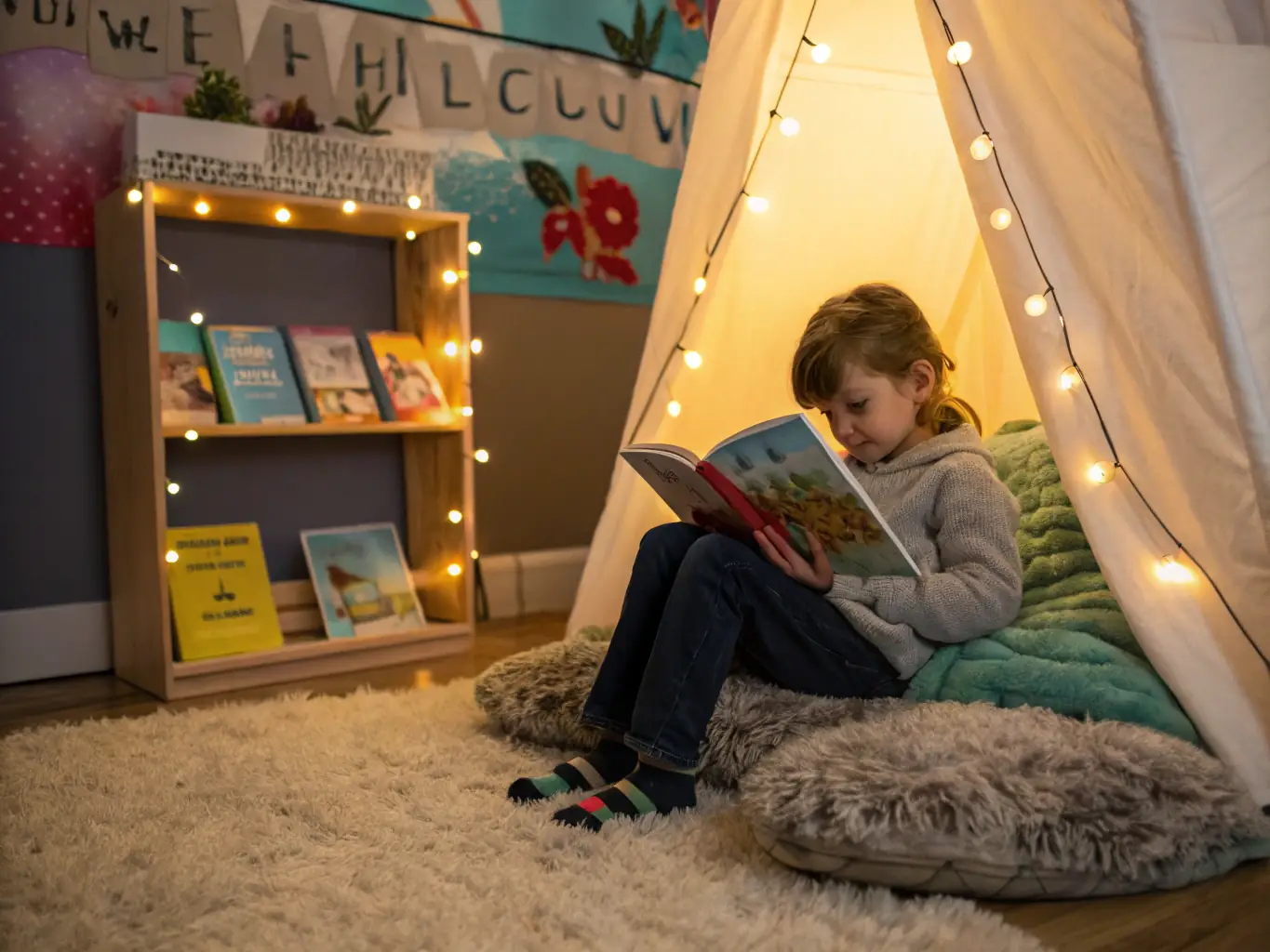 A child engrossed in a book during a storytelling session at the ASSOCIATION library, highlighting the joy and educational benefits of reading.
