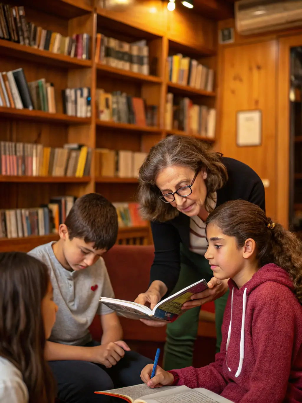 A group of students attentively listening to a librarian during an educational visit to the ASSOCIATION, enhancing their reading skills and cultural awareness.