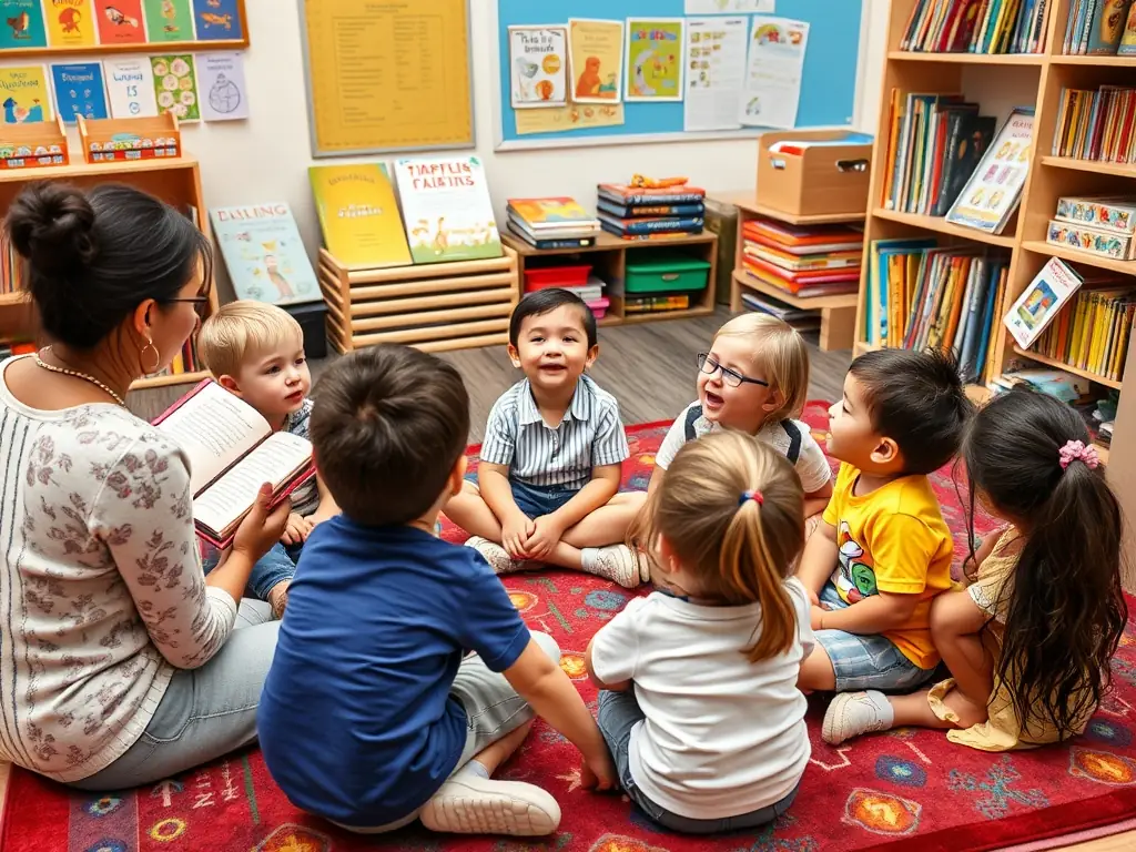 A vibrant image of children participating in a storytelling session at the ASSOCIATION, with a facilitator engaging them with an open book and expressive gestures.