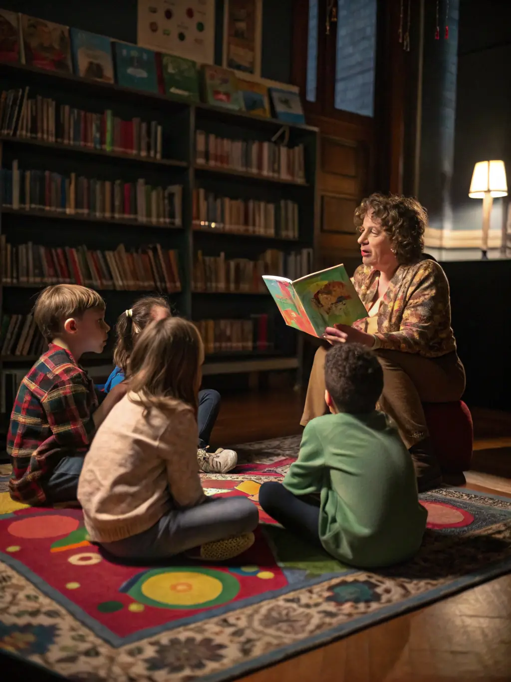A librarian reading aloud to a group of attentive children during a storytelling session at the ASSOCIATION, promoting literacy and imagination.