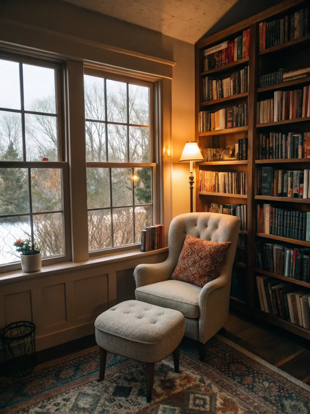 A bright and inviting reading corner in the ASSOCIATION library, filled with comfortable seating and a diverse selection of books for all ages.