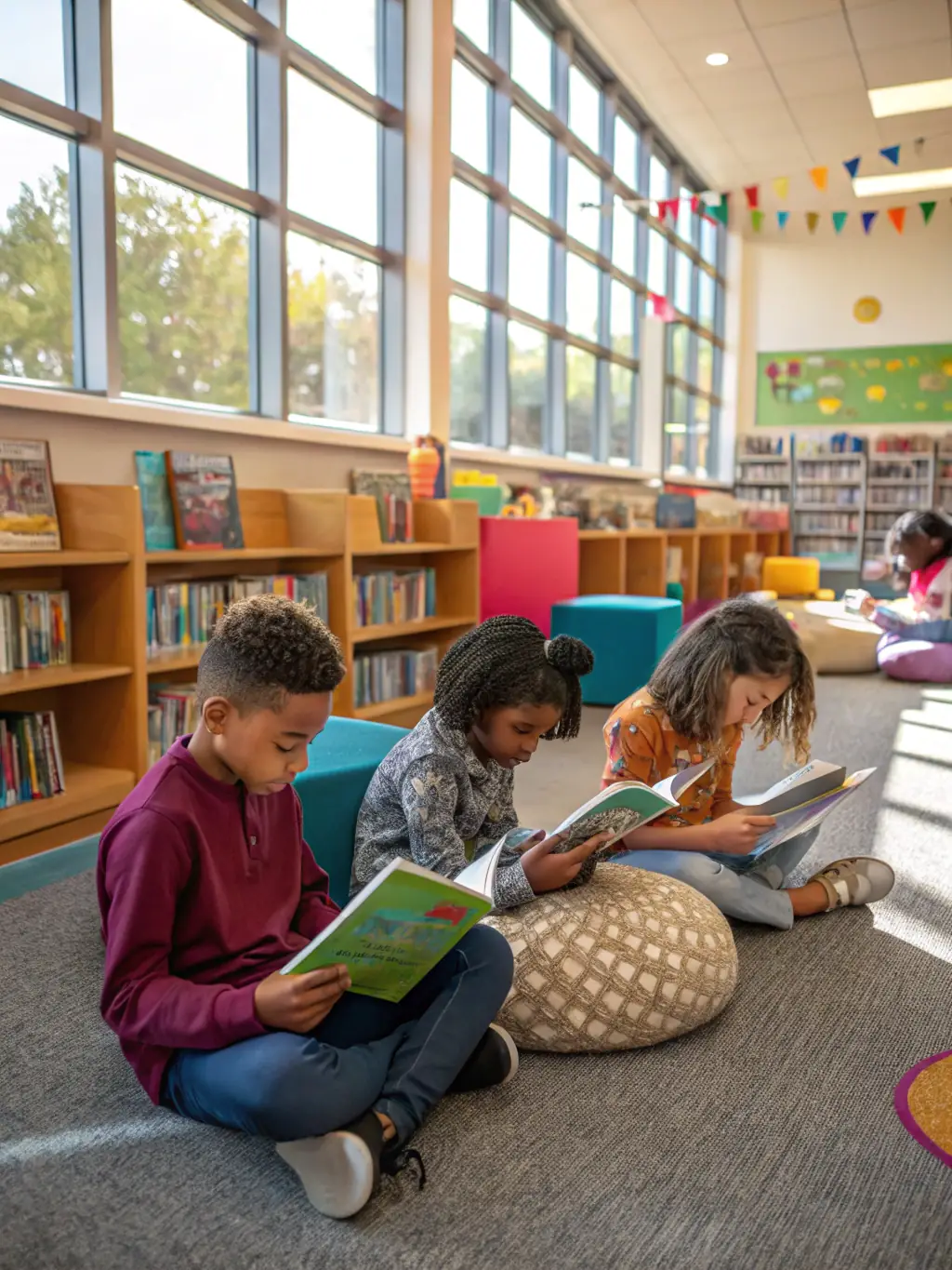 A photograph of children happily selecting books from a colorful bookshelf in the ASSOCIATION library, showcasing the joy of reading.