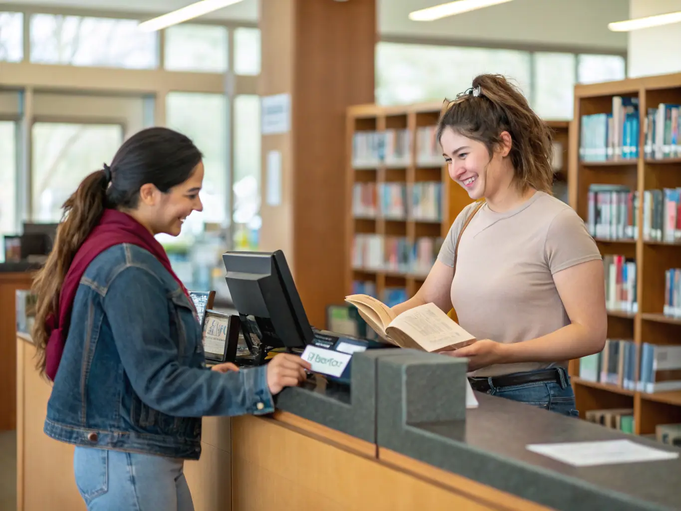 A photograph of a librarian at ASSOCIATION providing on-site consultation to a visitor, assisting them in finding the perfect book based on their interests.